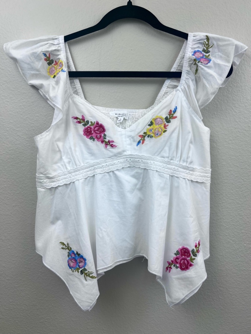 Kirious White Floral Flowy Crop Top S Cottagecore Romantic Coquette Embroidered - Picture 2 of 6